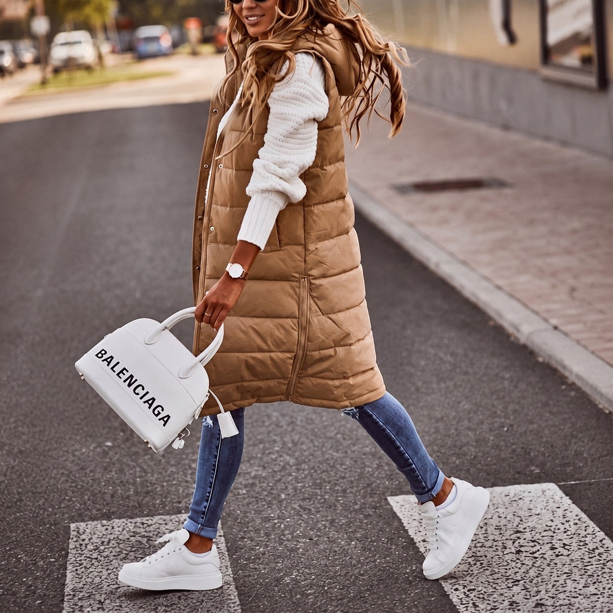 Isla - Women's Sleeveless Longline Quilted Puffer Gilet with Hood - Vests - Beige - Parker&Brooks