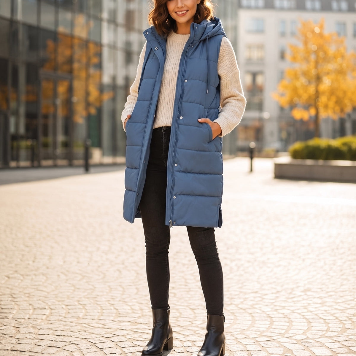 Isla - Women's Sleeveless Longline Quilted Puffer Gilet with Hood - Vests - Blue - Parker&Brooks
