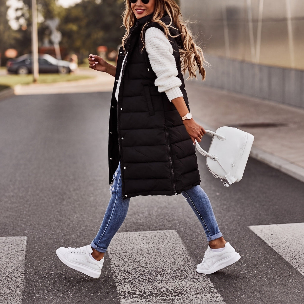 Isla - Women's Sleeveless Longline Quilted Puffer Gilet with Hood - Vests - Black - Parker&Brooks