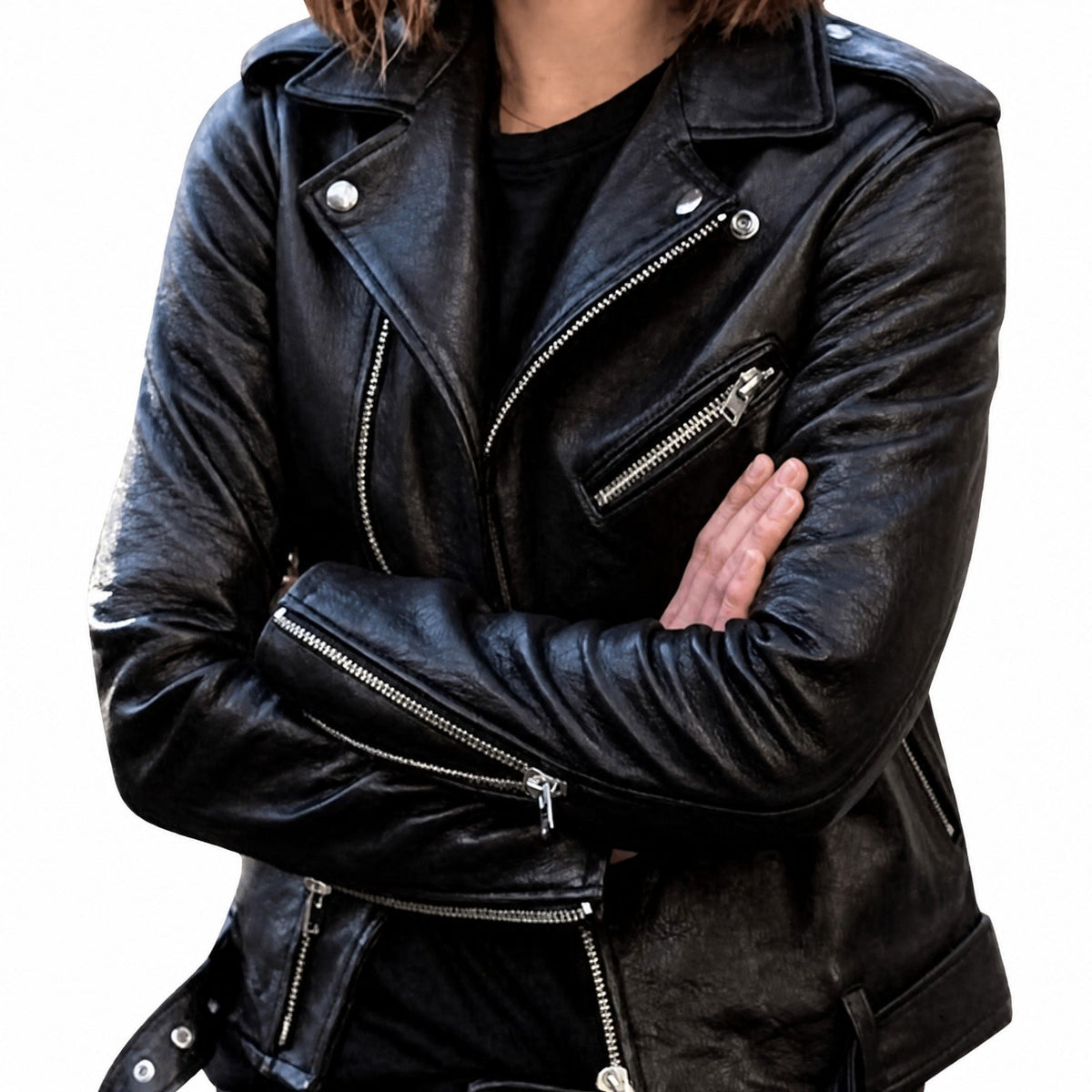 Isla - Women's Slim Fit Biker Jacket with Zip Pockets and Notch Lapel - Motorcycle Outerwear - Black - Parker&Brooks