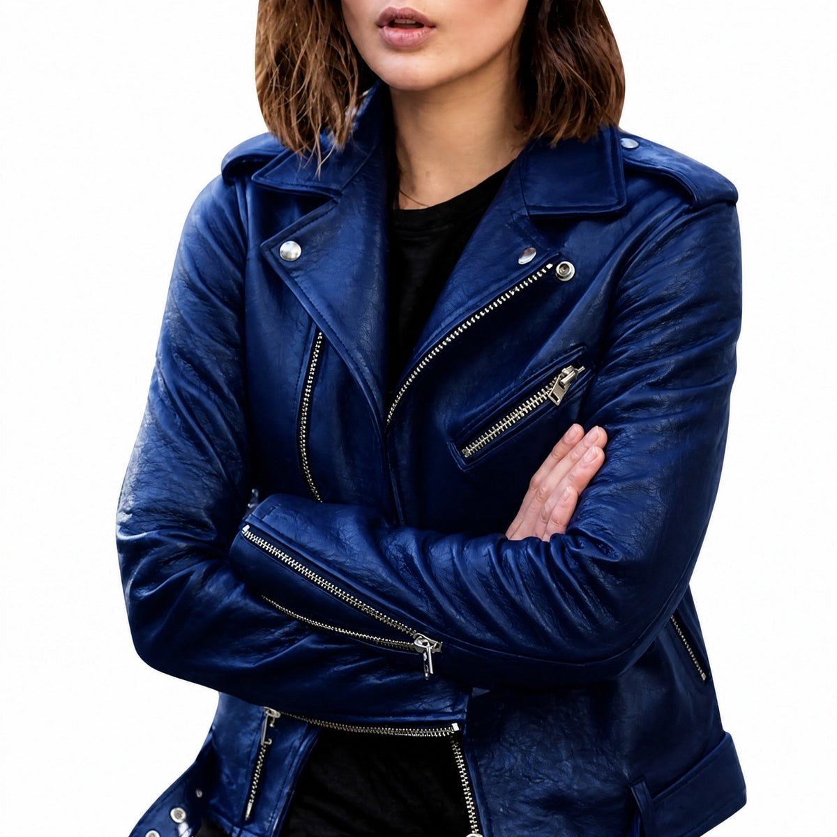 Isla - Women's Slim Fit Biker Jacket with Zip Pockets and Notch Lapel - Motorcycle Outerwear - Blue - Parker&Brooks