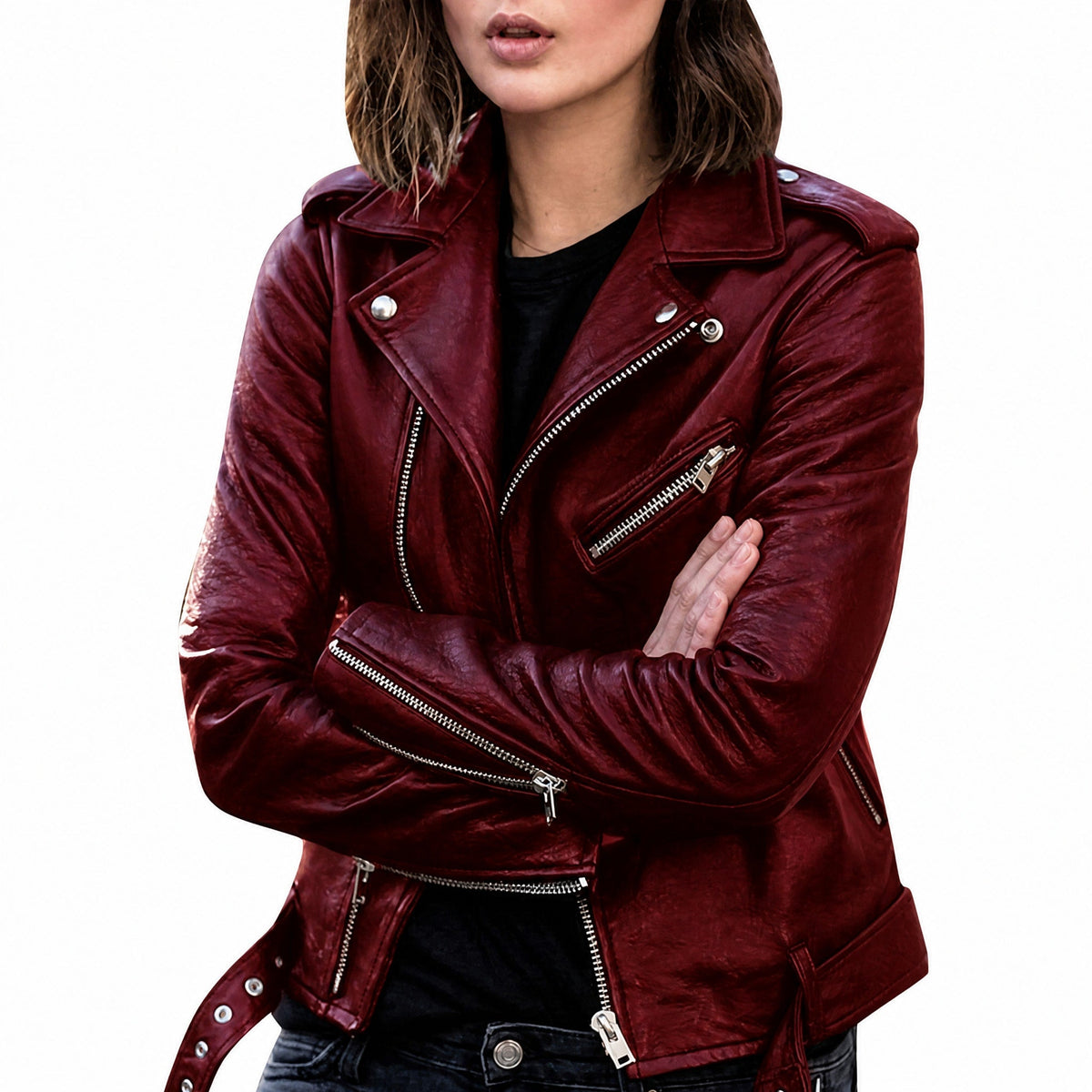 Isla - Women's Slim Fit Biker Jacket with Zip Pockets and Notch Lapel - Motorcycle Outerwear - Burgundy - Parker&Brooks