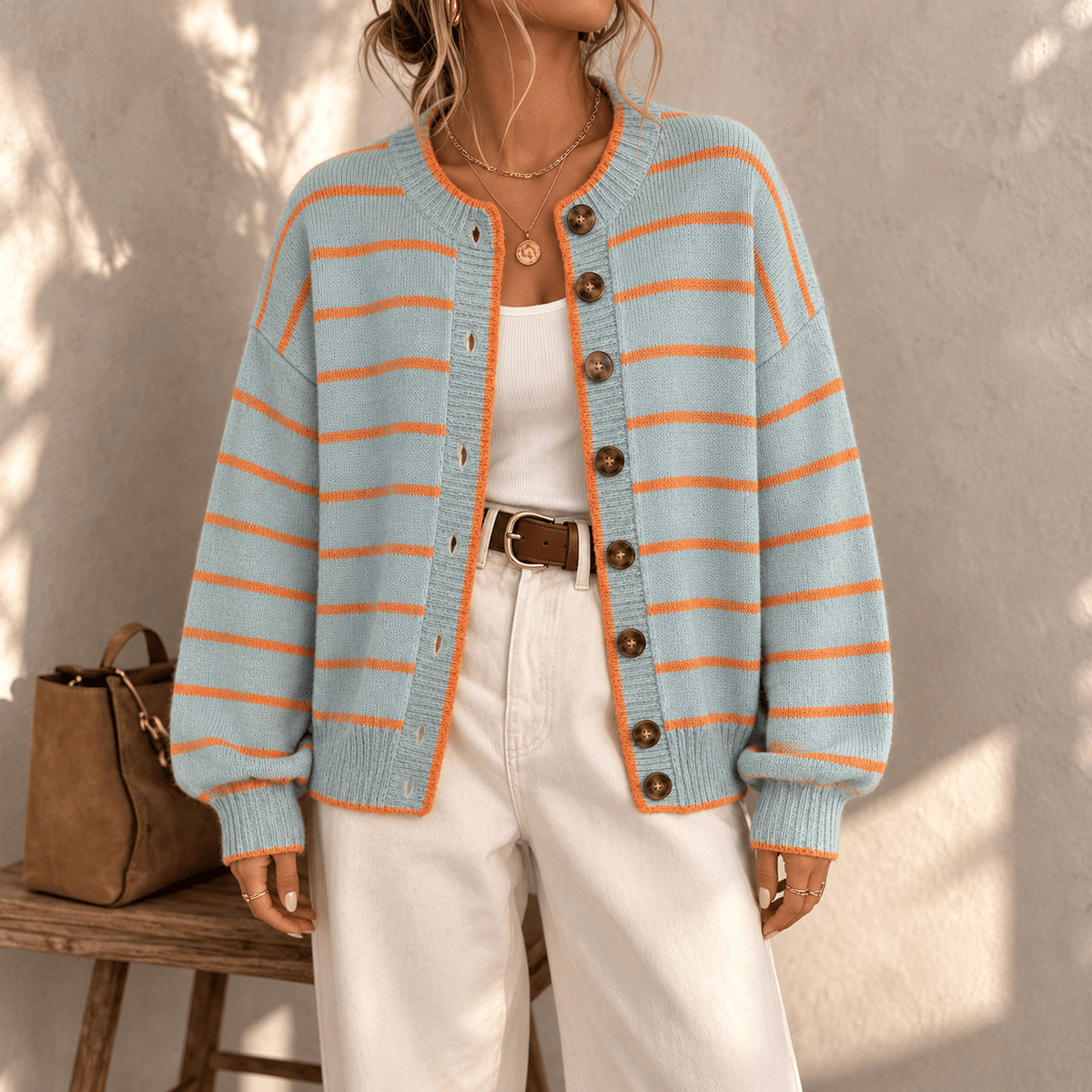 Ivy - Women's Crew Neck Oversized Striped Button-Front Cardigan - Cardigans - Light Blue - Sarvento