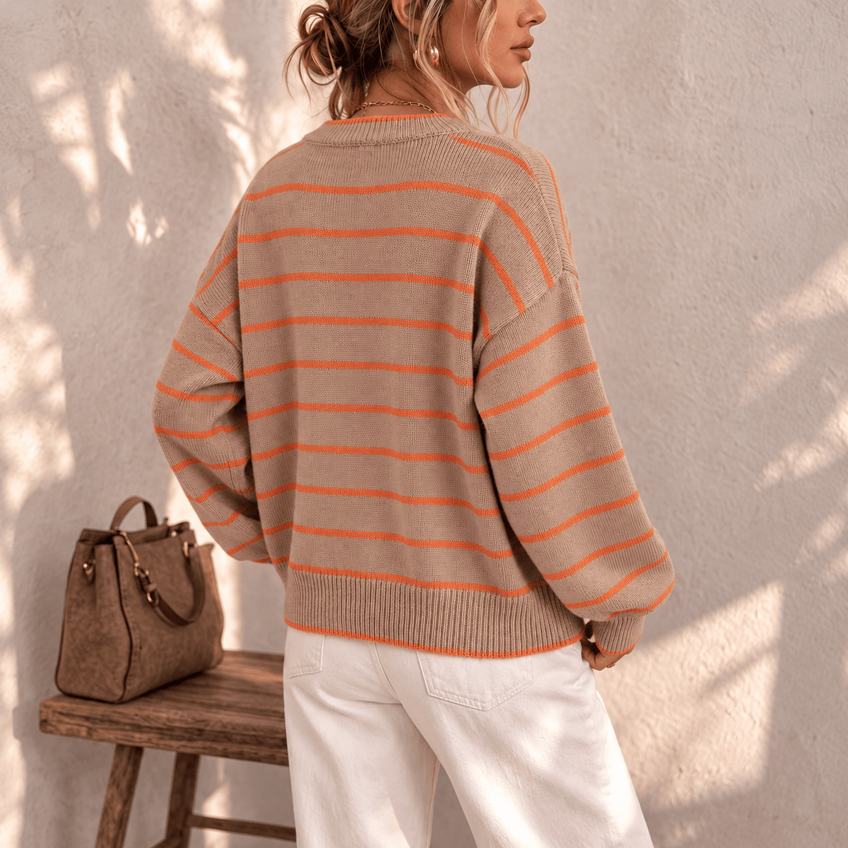Ivy - Women's Crew Neck Oversized Striped Button-Front Cardigan - Cardigans - Beige - Sarvento