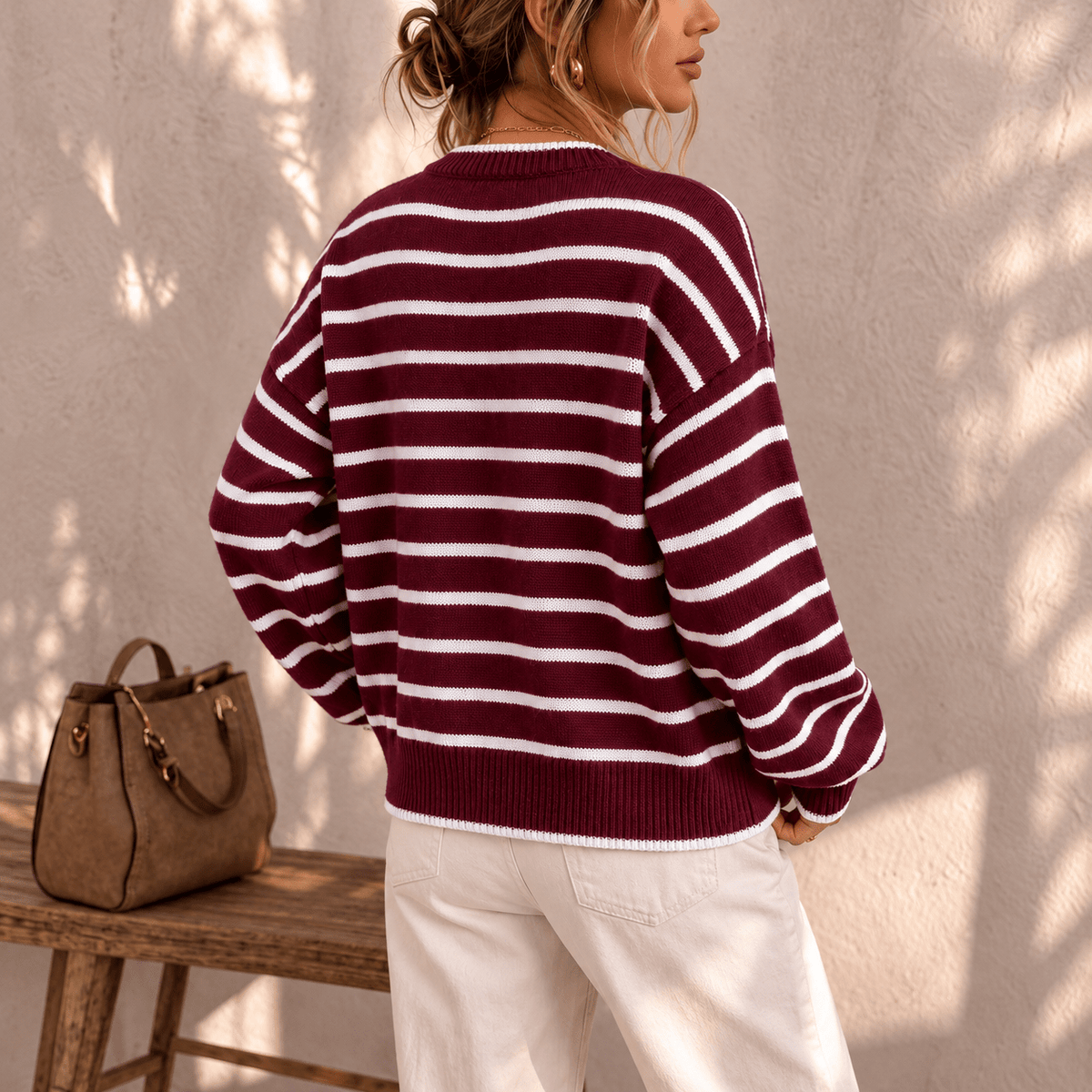 Ivy - Women's Crew Neck Oversized Striped Button-Front Cardigan - Cardigans - Burgundy - Sarvento