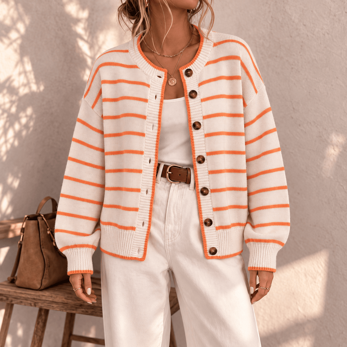 Ivy - Women's Crew Neck Oversized Striped Button-Front Cardigan - Cardigans - White - Sarvento