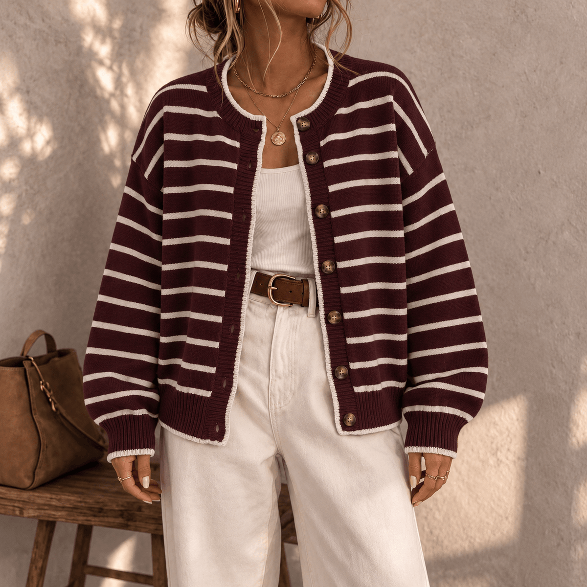 Ivy - Women's Crew Neck Oversized Striped Button-Front Cardigan - Cardigans - Burgundy - Sarvento