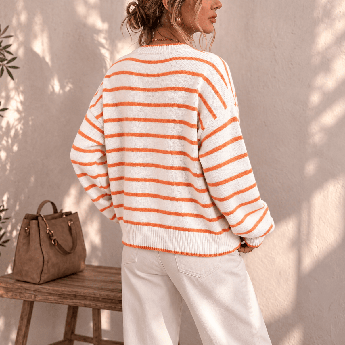 Ivy - Women's Crew Neck Oversized Striped Button-Front Cardigan - Cardigans - White - Sarvento
