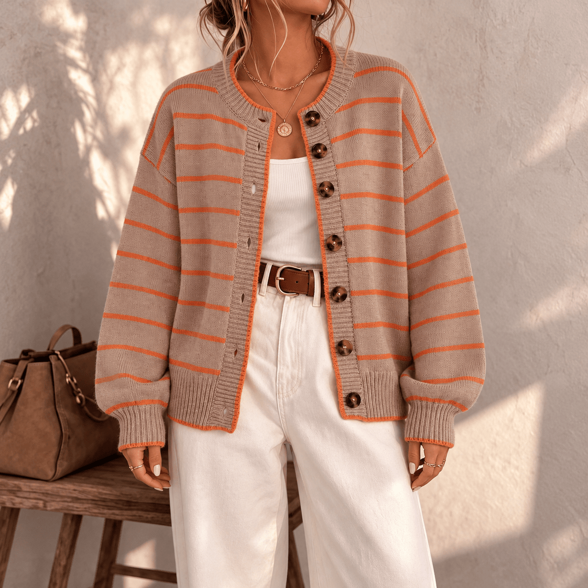 Ivy - Women's Crew Neck Oversized Striped Button-Front Cardigan - Cardigans - Beige - Sarvento