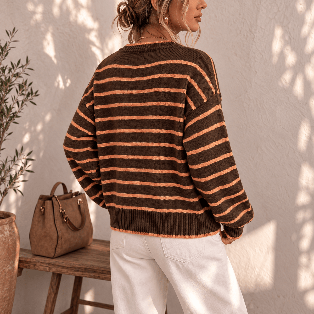 Ivy - Women's Crew Neck Oversized Striped Button-Front Cardigan - Cardigans - Dark Brown - Sarvento
