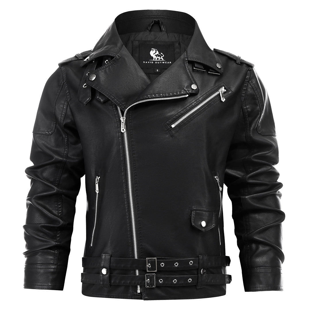 Jack - Men's Asymmetric Zip Moto Jacket with Belted Waist and Lapel Collar - Motorcycle Outerwear - Black - Sarvento