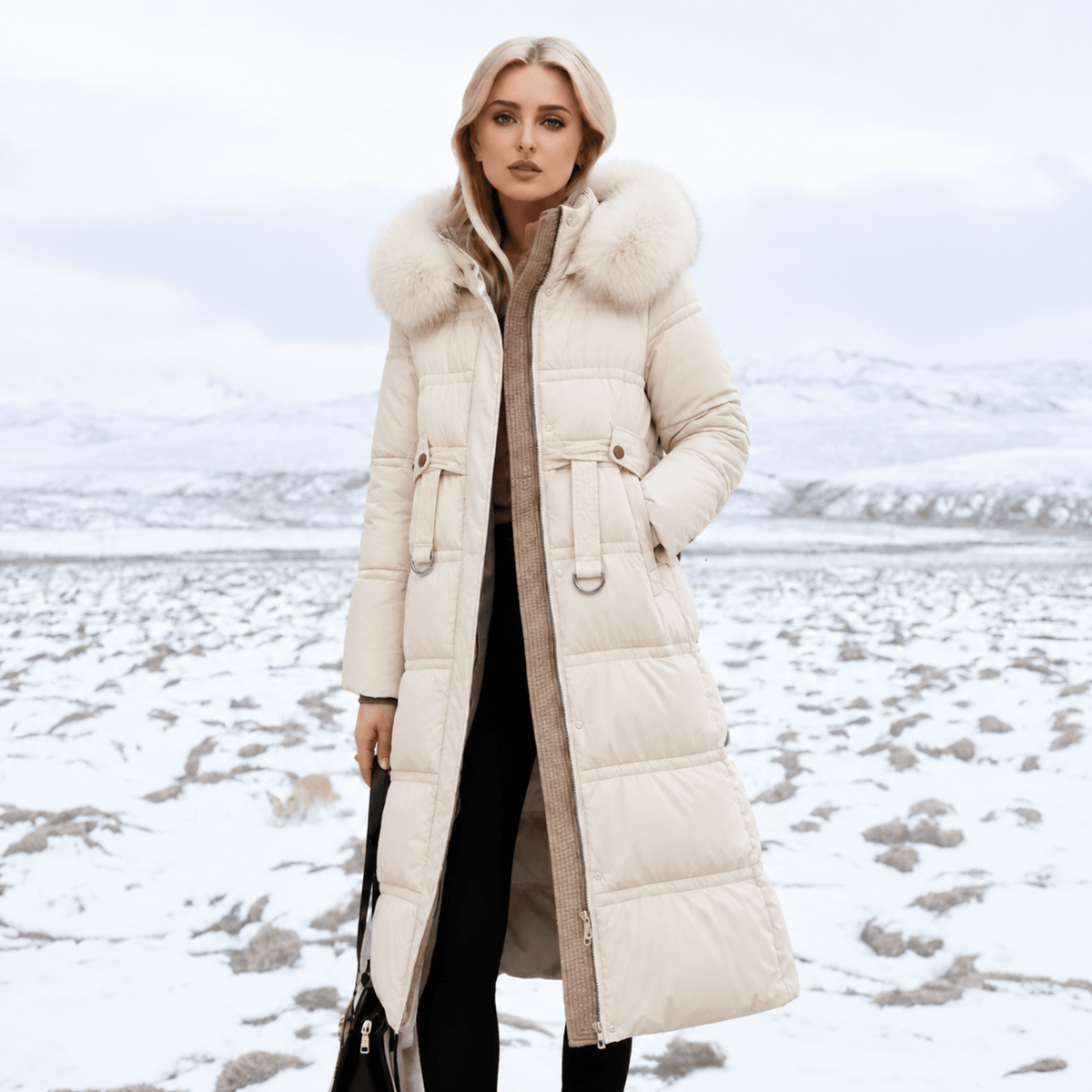 Jacqueline - Women's Longline Belted Parka with Faux Fur Hood - Parkas - Beige - Parker&Brooks