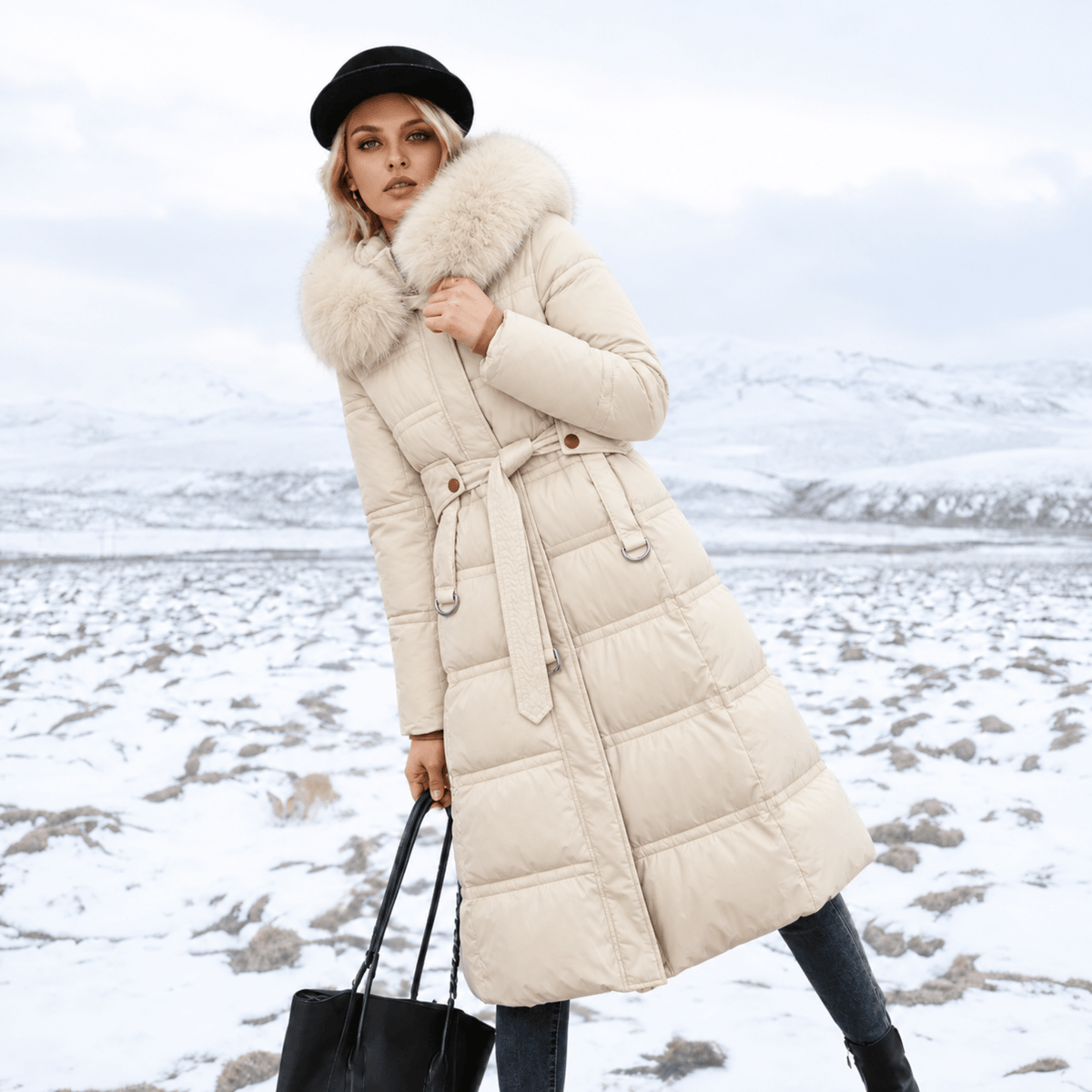 Jacqueline - Women's Longline Belted Parka with Faux Fur Hood - Parkas - Beige - Parker&Brooks