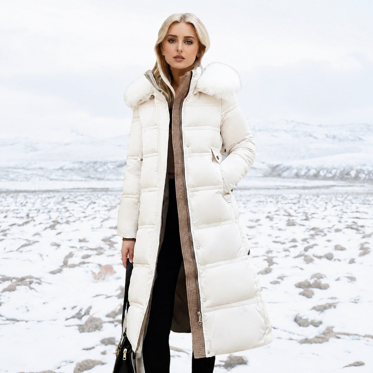 Jacqueline - Women's Longline Belted Parka with Faux Fur Hood - Parkas - White - Parker&Brooks