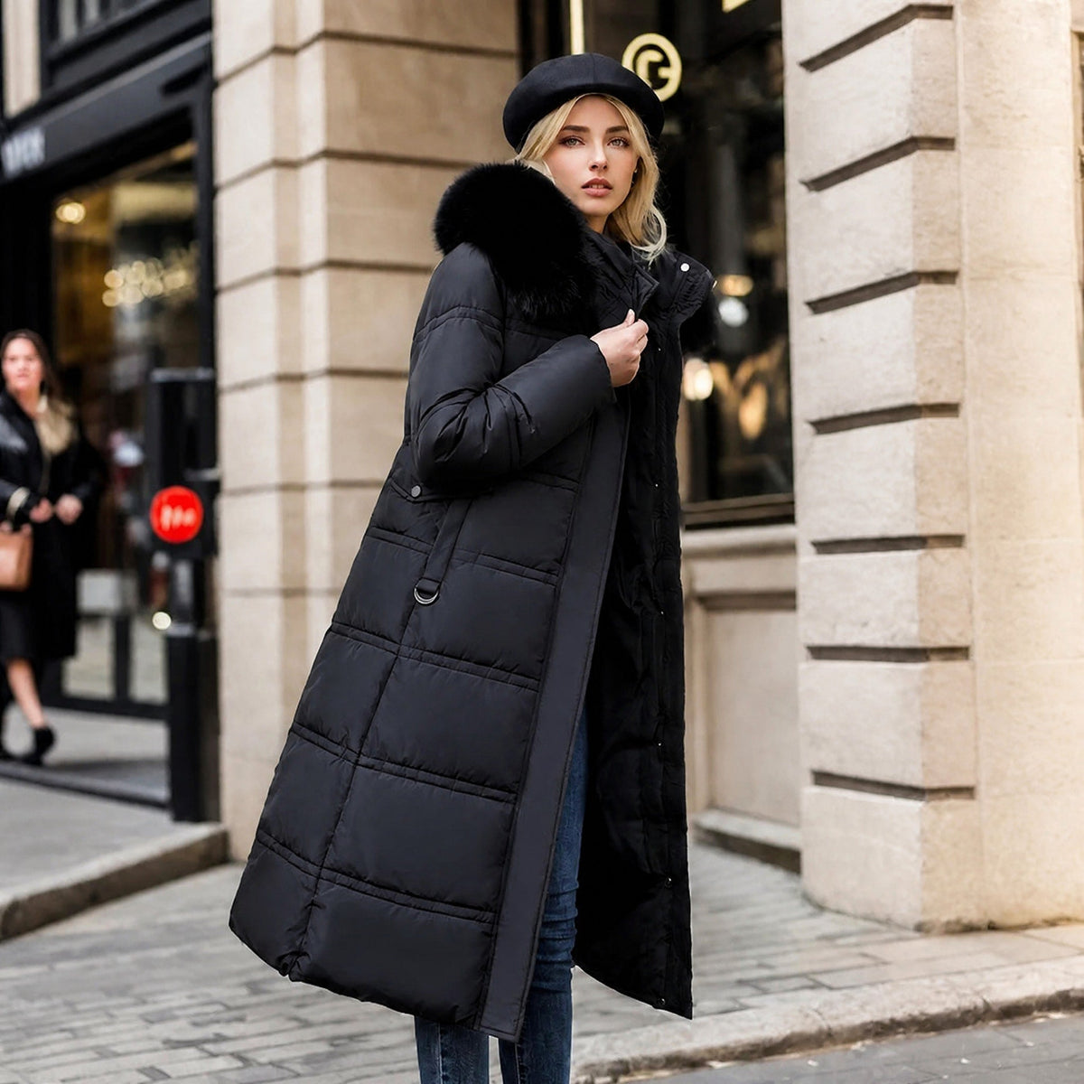 Jacqueline - Women's Longline Belted Parka with Faux Fur Hood - Parkas - Black - Parker&Brooks