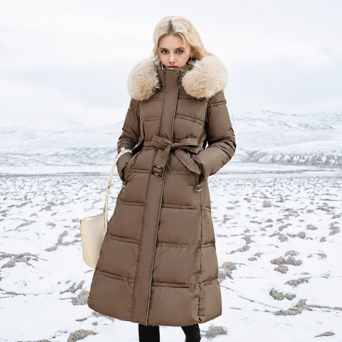 Jacqueline - Women's Longline Belted Parka with Faux Fur Hood - Parkas - Brown - Parker&Brooks