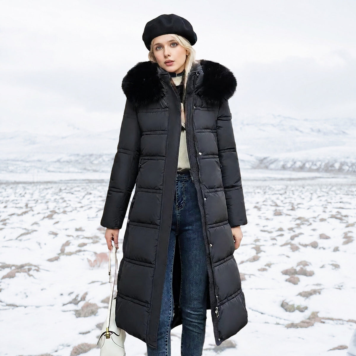Jacqueline - Women's Longline Belted Parka with Faux Fur Hood - Parkas - Black - Parker&Brooks