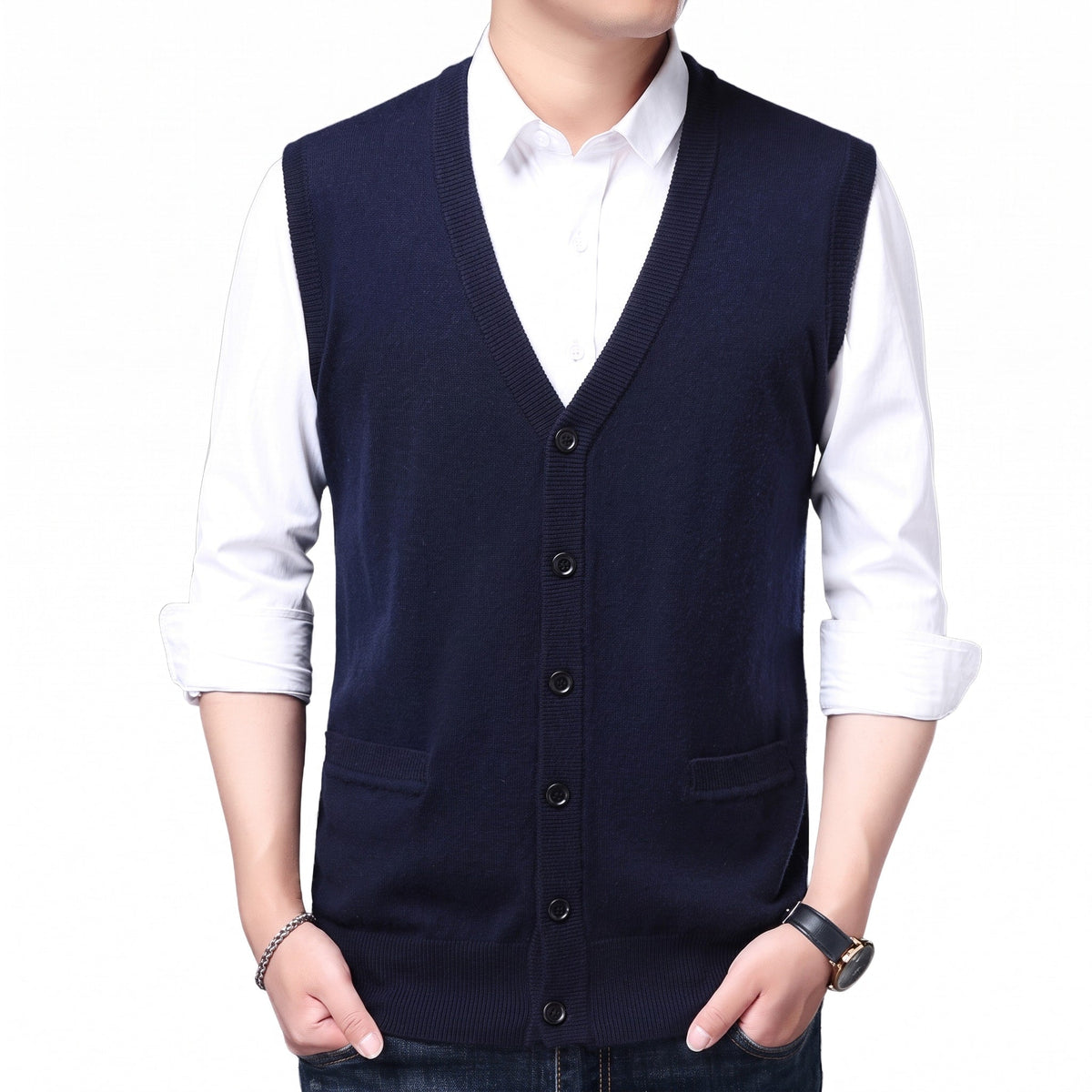 James - Men's Button-Front Knit Sweater Vest with V-Neck - Vests - Navy - Parker&Brooks