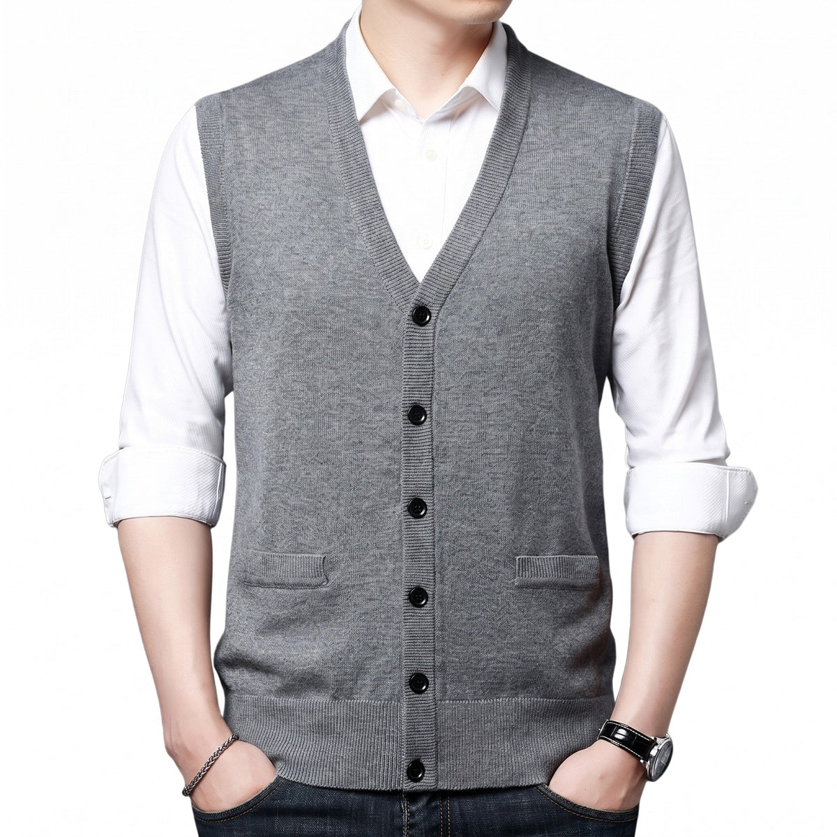 James - Men's Button-Front Knit Sweater Vest with V-Neck - Vests - Gray - Parker&Brooks