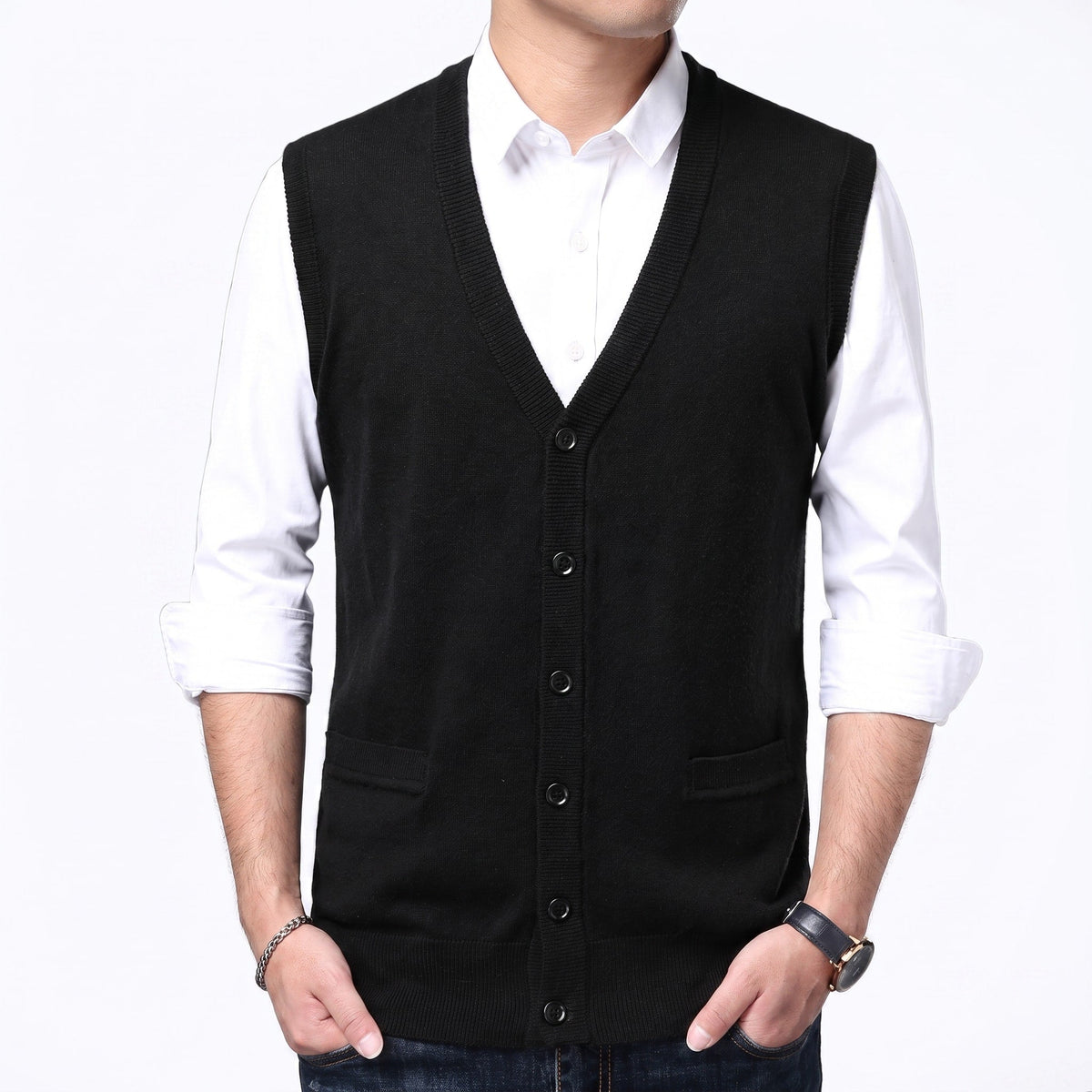 James - Men's Button-Front Knit Sweater Vest with V-Neck - Vests - Black - Parker&Brooks
