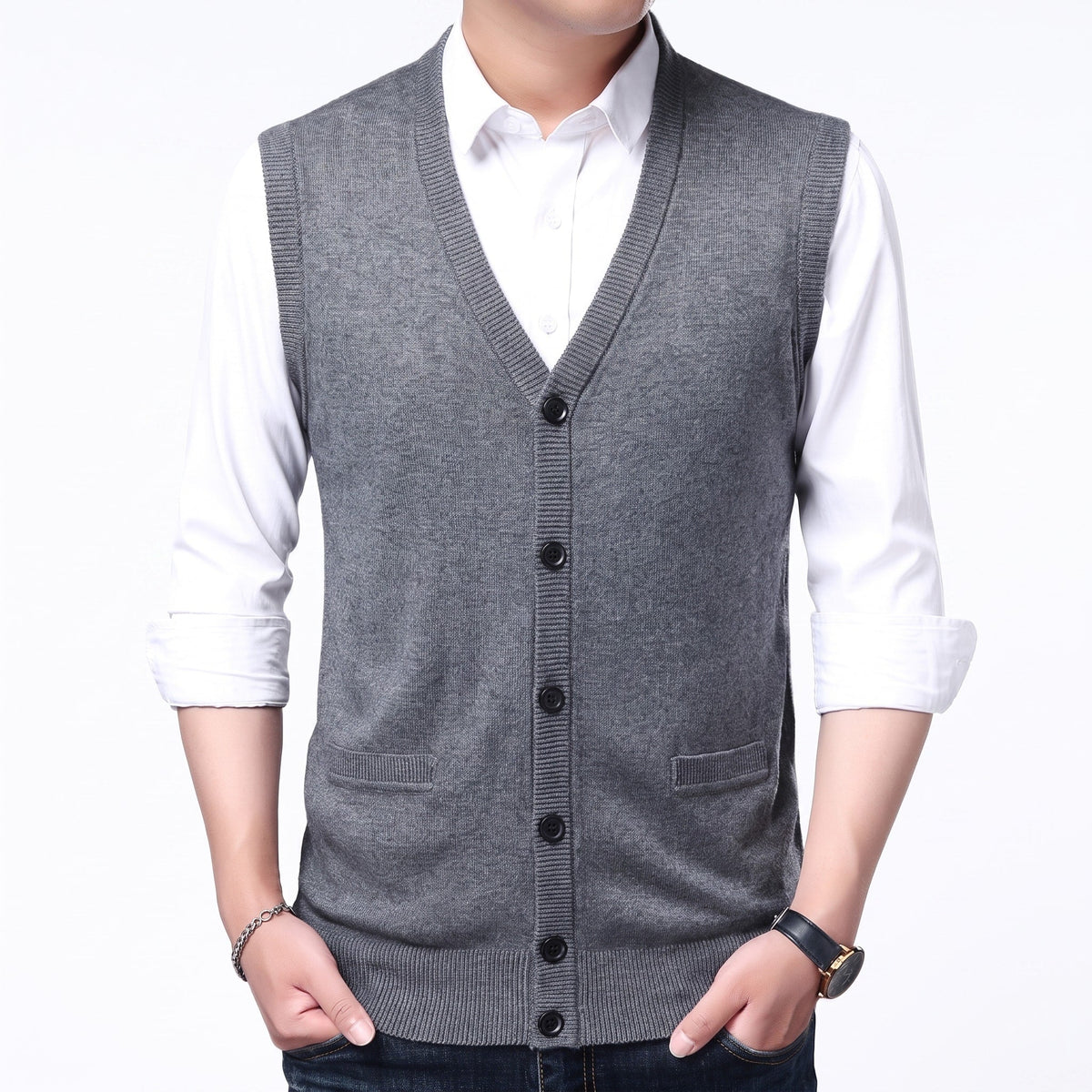 James - Men's Button-Front Knit Sweater Vest with V-Neck - Vests - Dark Gray - Parker&Brooks