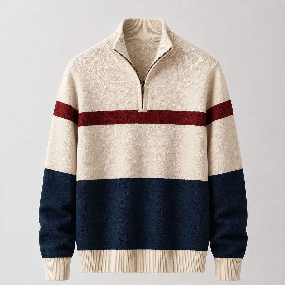 James - Men's Colorblock Quarter-Zip Sweater with Stripe Detail - Sweaters - White - Parker&Brooks