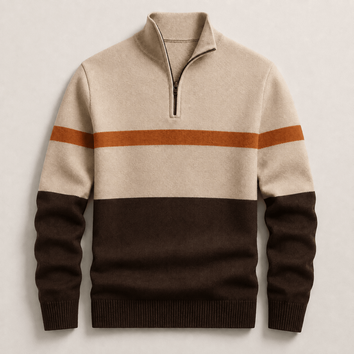 James - Men's Colorblock Quarter-Zip Sweater with Stripe Detail - Sweaters - Beige - Parker&Brooks