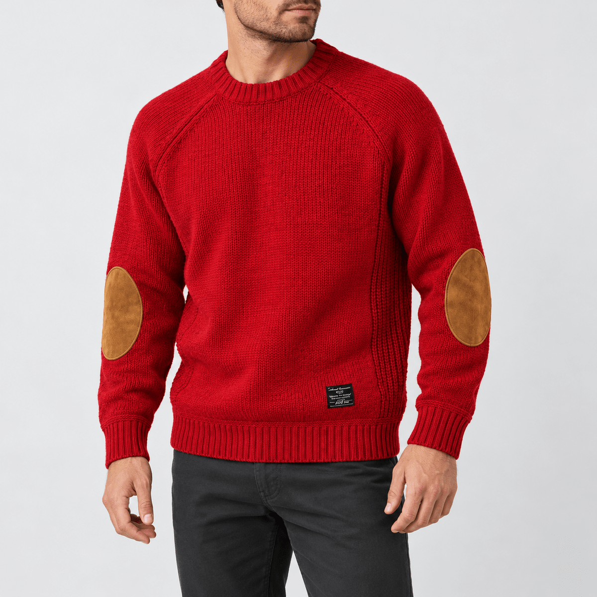 James - Men's Crew Neck Sweater with Elbow Patches - Sweater - Red - Sarvento