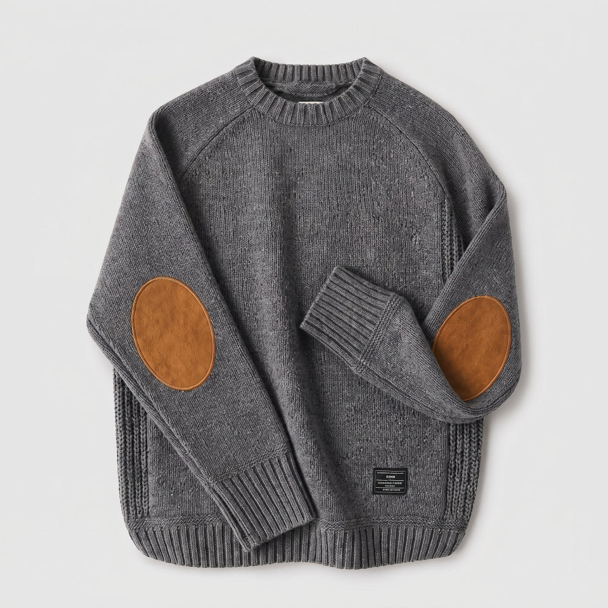 James - Men's Crew Neck Sweater with Elbow Patches - Sweaters - Gray - Parker&Brooks