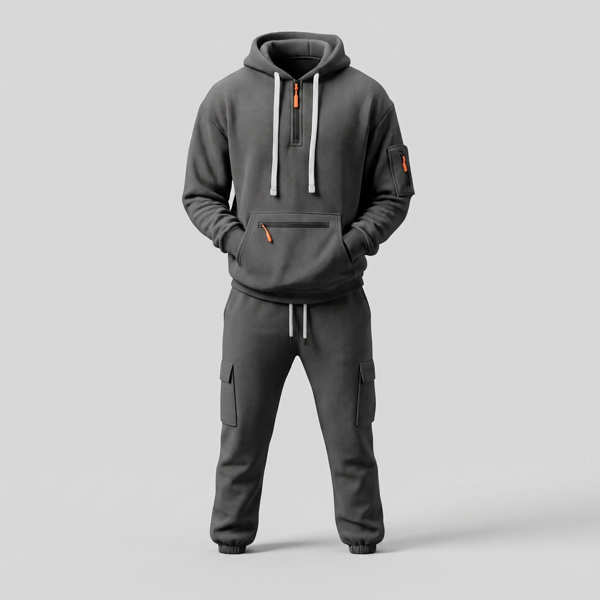 James - Men's Half-Zip Hoodie and Cargo Jogger Two-Piece Tracksuit Set - Outfit Sets - Dark Gray - Parker&Brooks