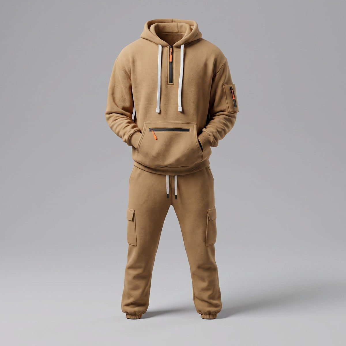 James - Men's Half-Zip Hoodie and Cargo Jogger Two-Piece Tracksuit Set - Outfit Sets - Khaki - Parker&Brooks