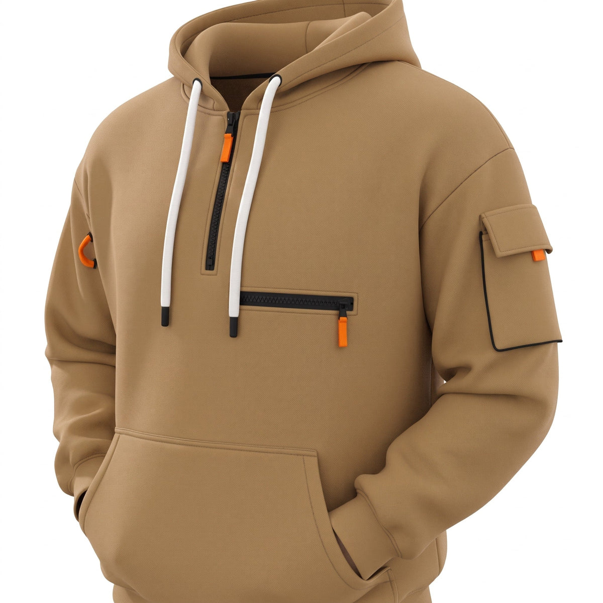James - Men's Half-Zip Hoodie and Cargo Jogger Two-Piece Tracksuit Set - Outfit Sets - Khaki - Parker&Brooks