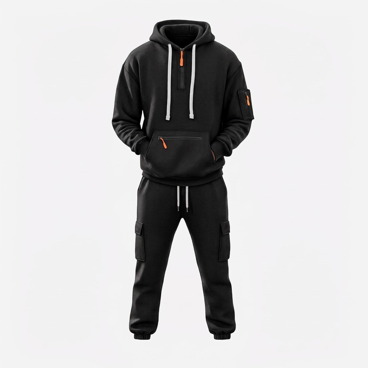 James - Men's Half-Zip Hoodie and Cargo Jogger Two-Piece Tracksuit Set - Outfit Sets - Black - Parker&Brooks