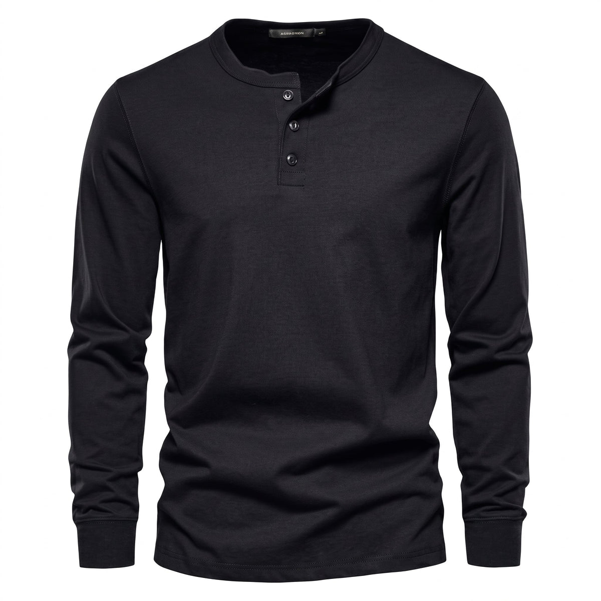 James - Men's Henley Long Sleeve Shirt with Button Placket - Black - Parker&Brooks