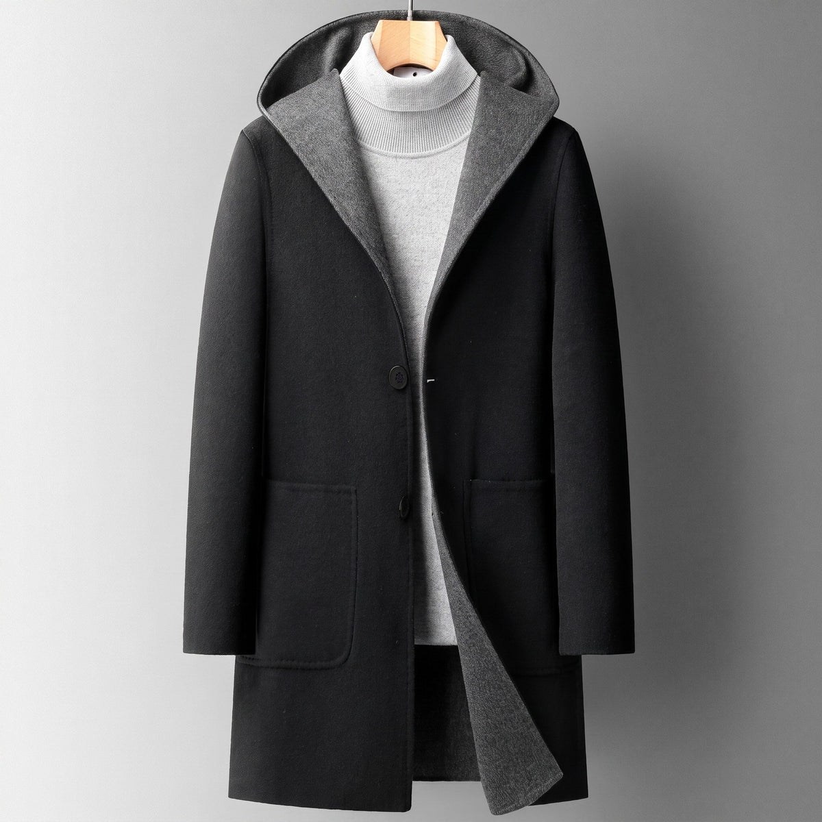 James - Men's Hooded Longline Overcoat with Contrast Lining - Overcoats - Black - Parker&Brooks