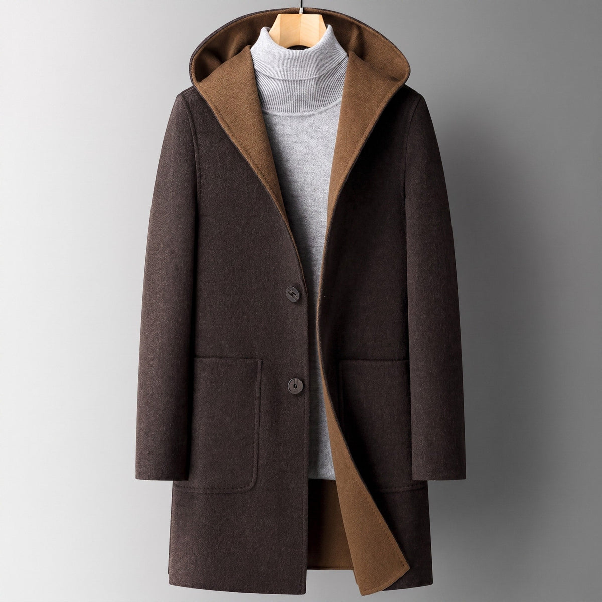 James - Men's Hooded Longline Overcoat with Contrast Lining - Overcoats - Dark Brown - Parker&Brooks