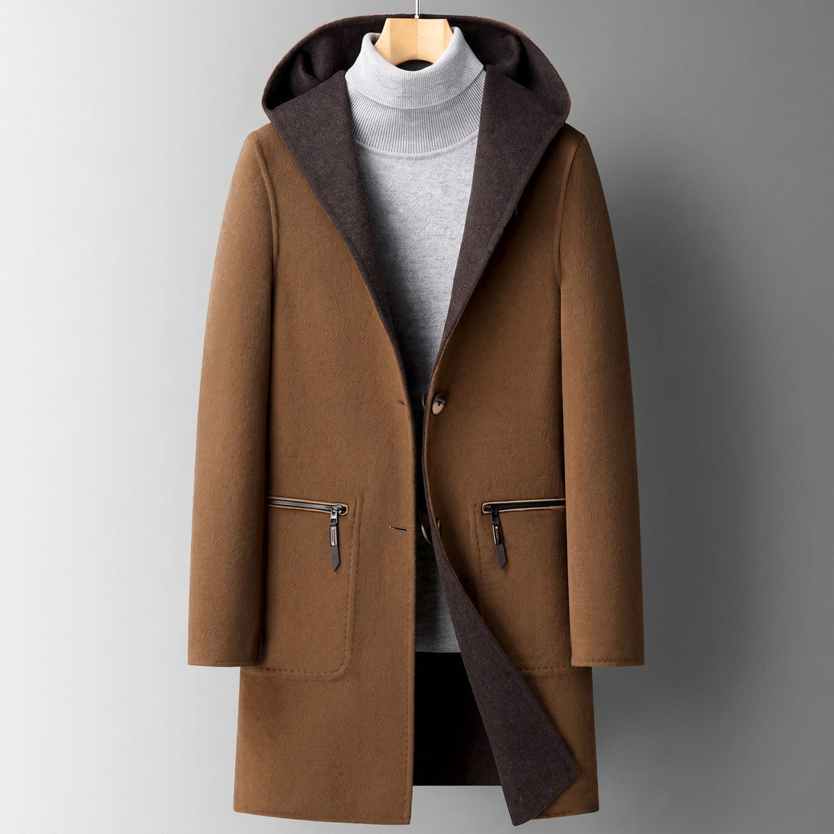 James - Men's Hooded Longline Overcoat with Contrast Lining - Overcoats - Brown - Parker&Brooks