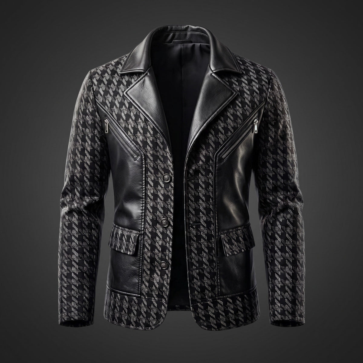 James - Men's Houndstooth Panel Jacket with Contrast Sleeves - Blazers - Black - Parker&Brooks