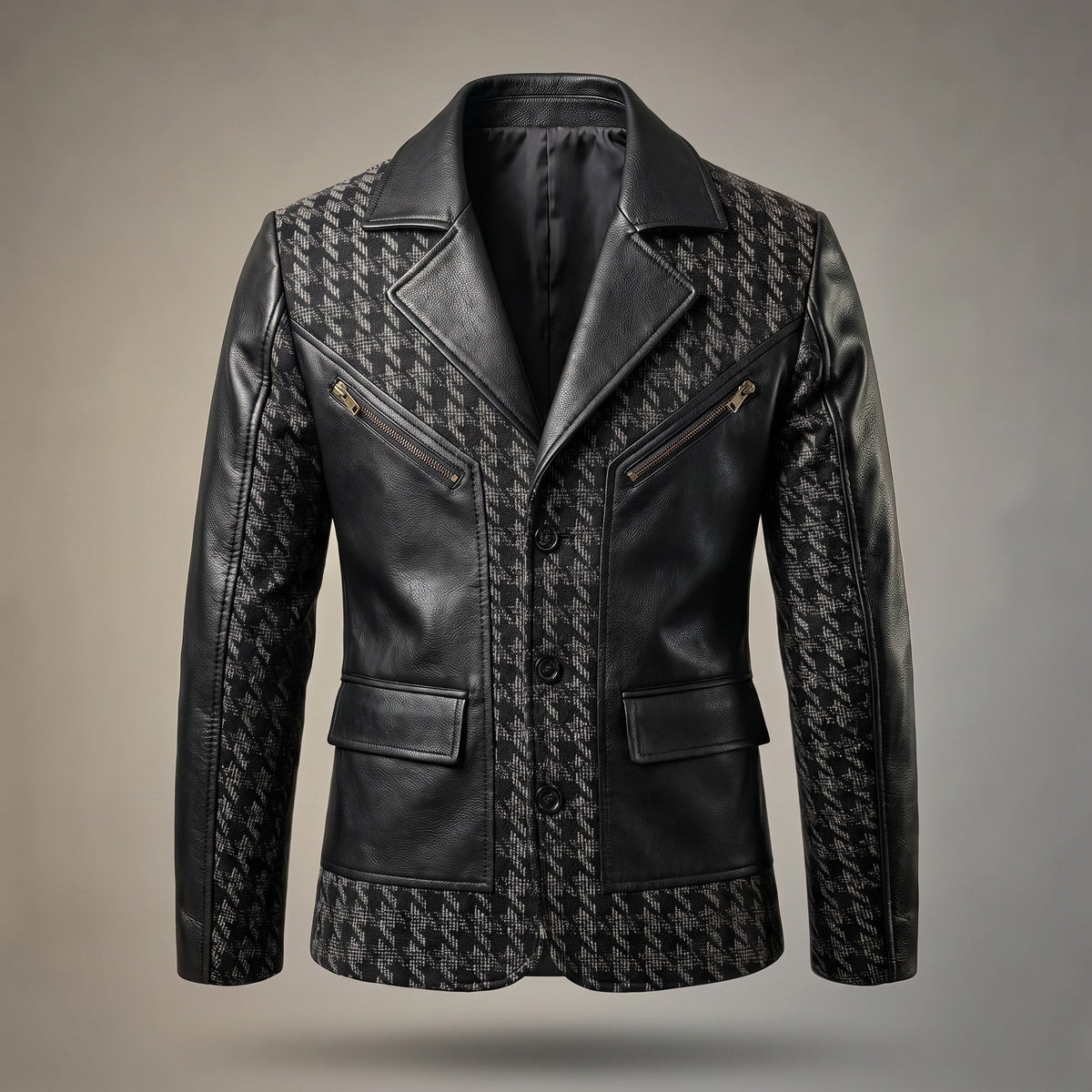 James - Men's Houndstooth Panel Jacket with Contrast Sleeves - Blazers - Black - Parker&Brooks