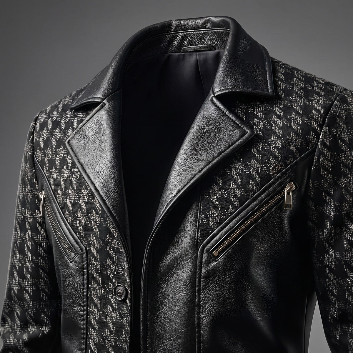 James - Men's Houndstooth Panel Jacket with Contrast Sleeves - Blazers - Black - Parker&Brooks