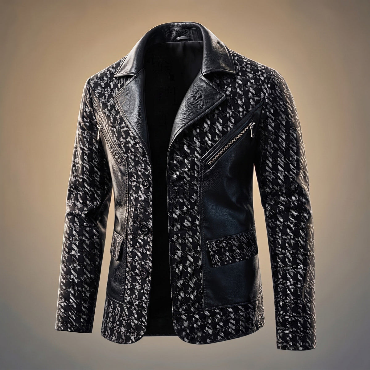 James - Men's Houndstooth Panel Jacket with Contrast Sleeves - Blazers - Black - Parker&Brooks