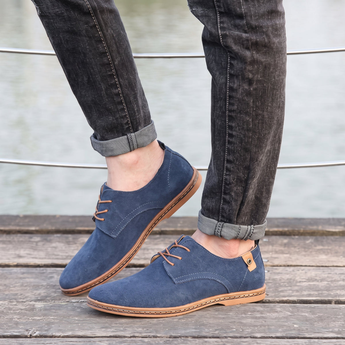 James - Men's Lace-Up Derby Shoes with Textured Suede-Look Finish - Shoes - Blue - Parker&Brooks