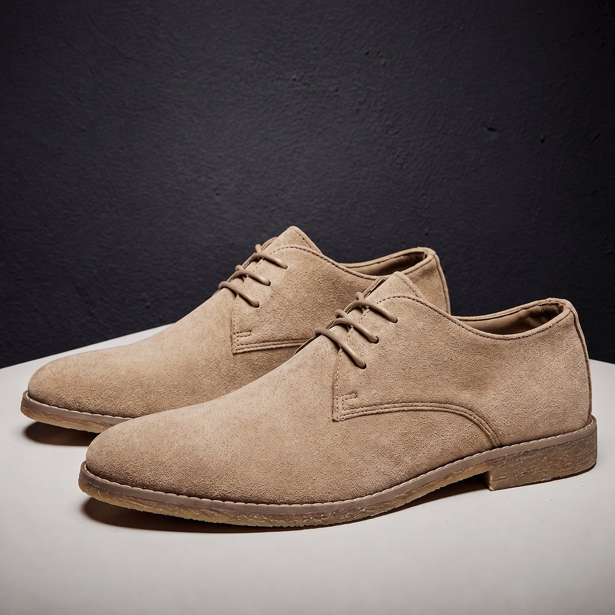 James - Men's Lace-Up Pointed Toe Oxford Shoes with Stitched Detail - Flats - Khaki - Parker&Brooks