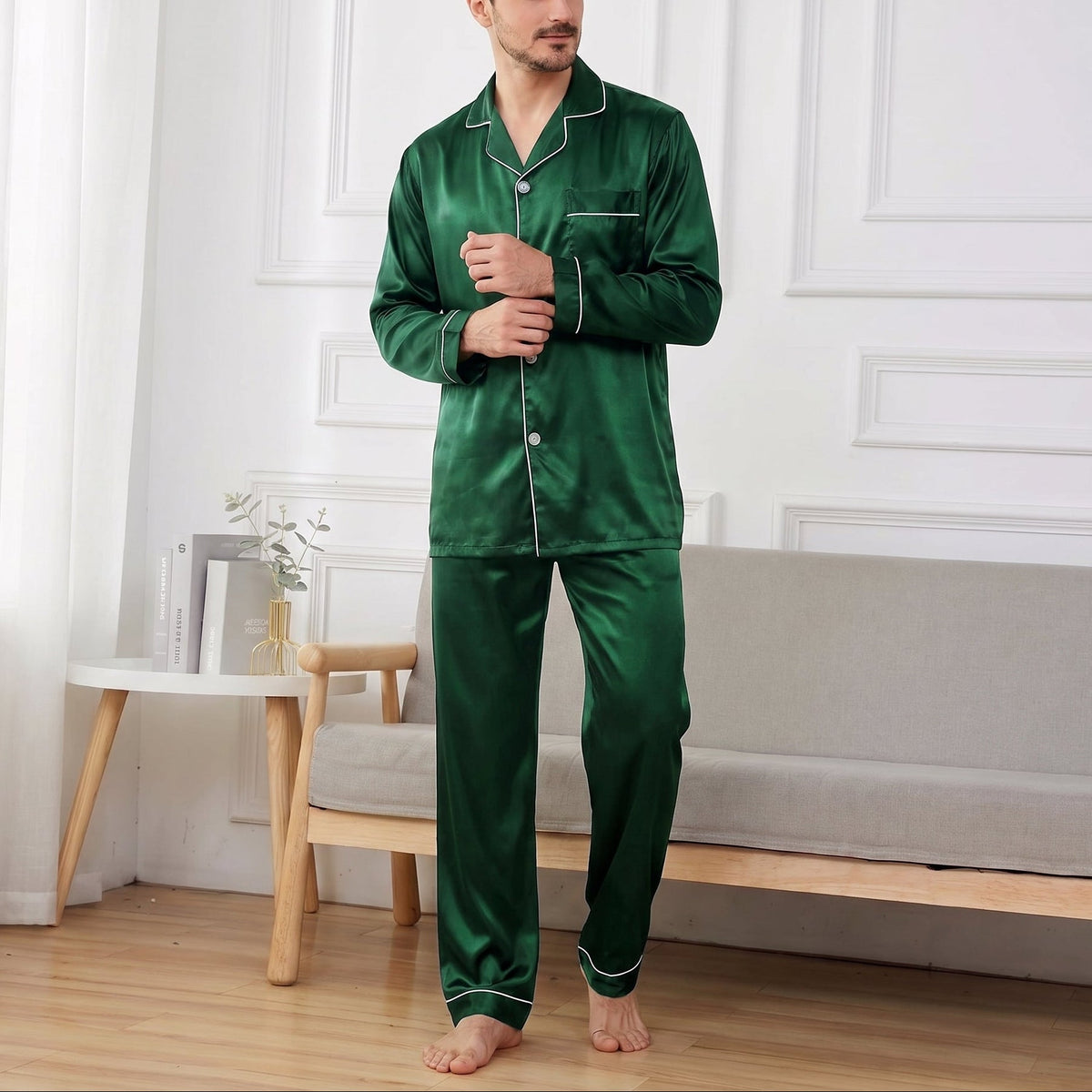 James - Men's Long Sleeve Button-Front Pajama Set with Contrast Piping - Pajama Set - Green - Sarvento