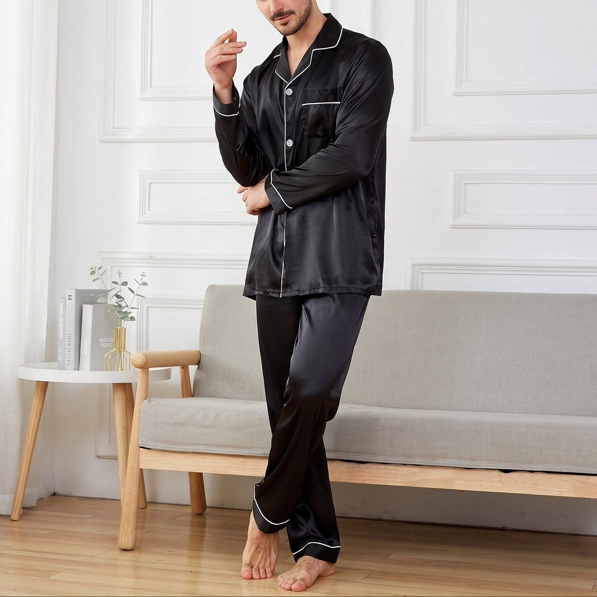 James - Men's Long Sleeve Button-Front Pajama Set with Contrast Piping - Pajama Set - Black - Sarvento