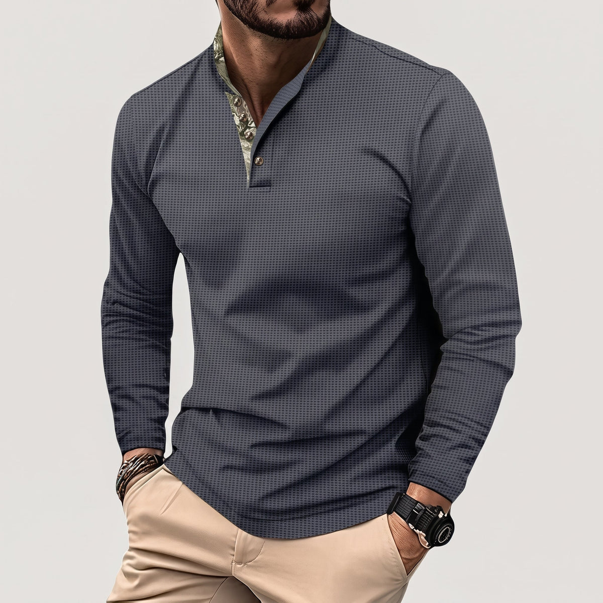James - Men's Long Sleeve Henley Polo Shirt with Contrast Placket - Polos - Gray - Parker&Brooks