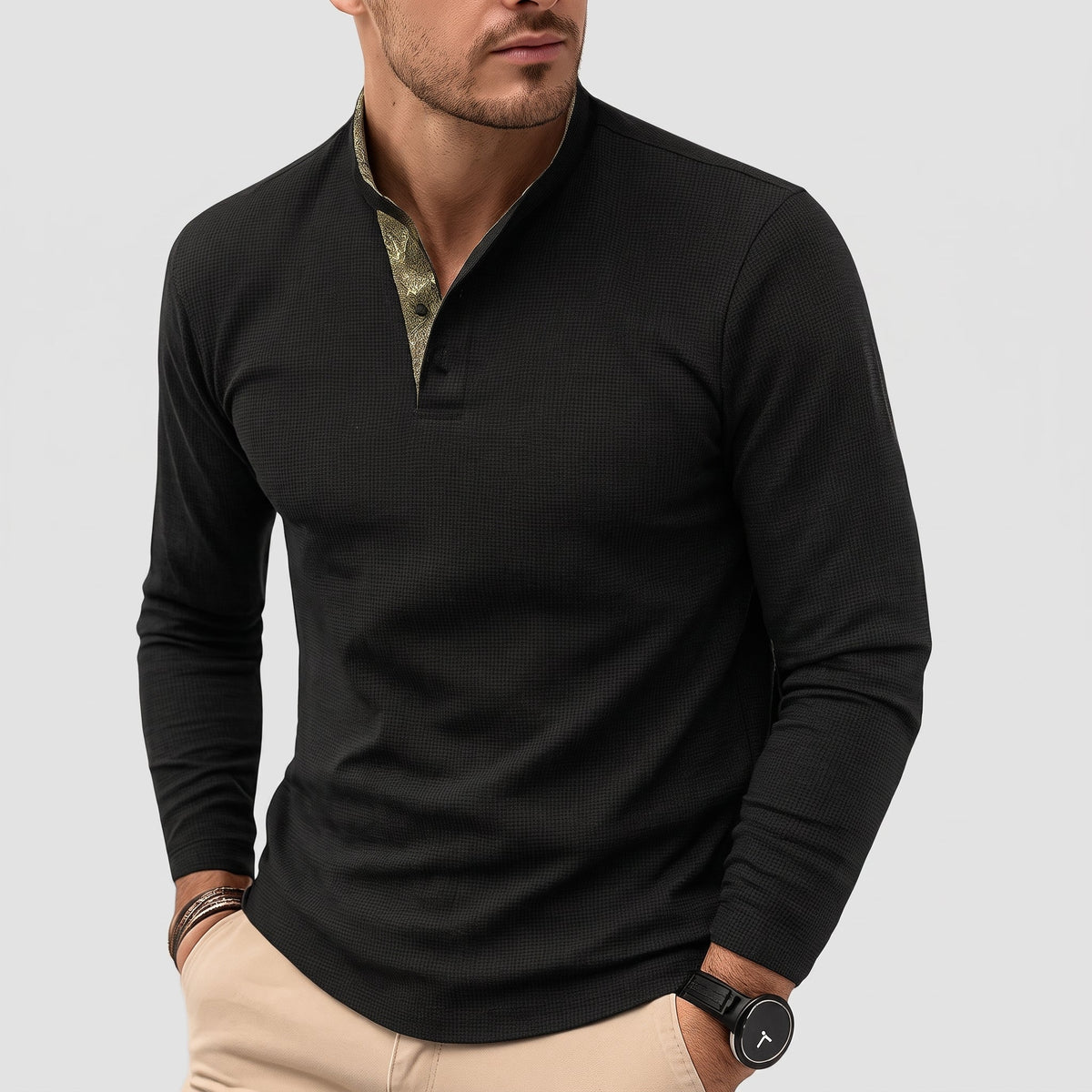 James - Men's Long Sleeve Henley Polo Shirt with Contrast Placket - Polos - Black - Parker&Brooks
