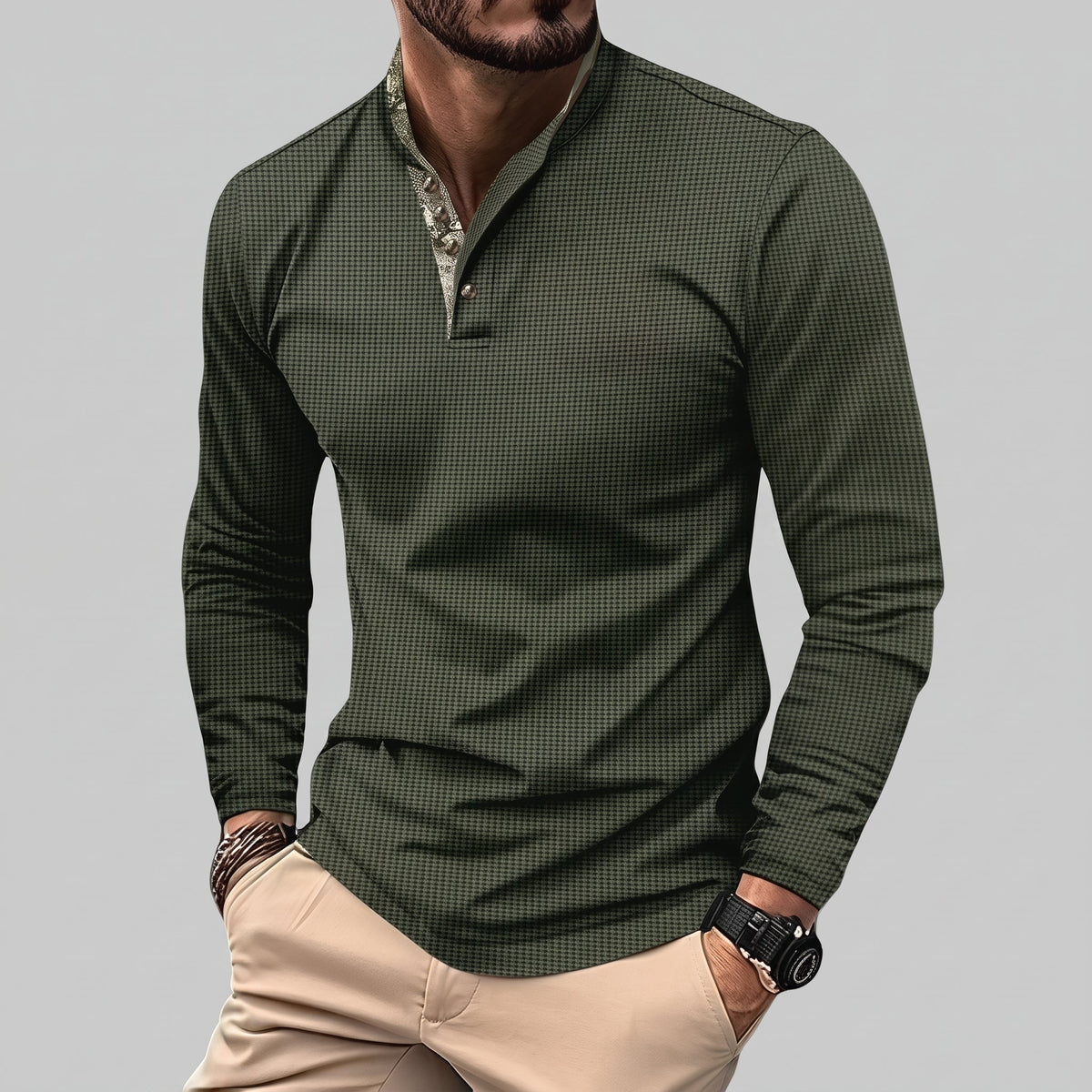 James - Men's Long Sleeve Henley Polo Shirt with Contrast Placket - Polos - Army Green - Parker&Brooks