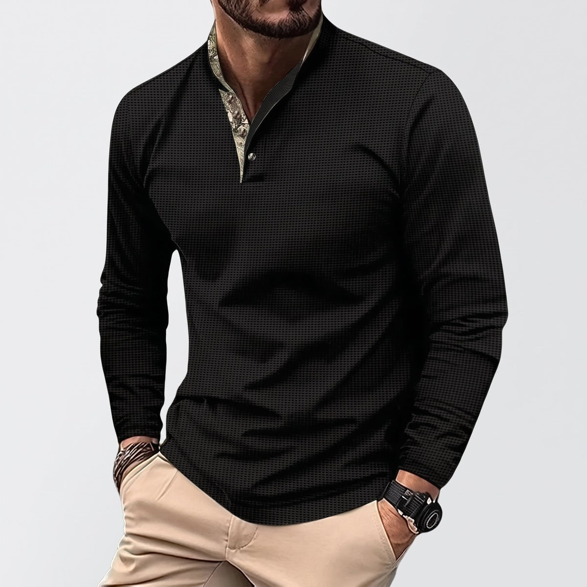 James - Men's Long Sleeve Henley Polo Shirt with Contrast Placket - Polos - Army Green - Parker&Brooks