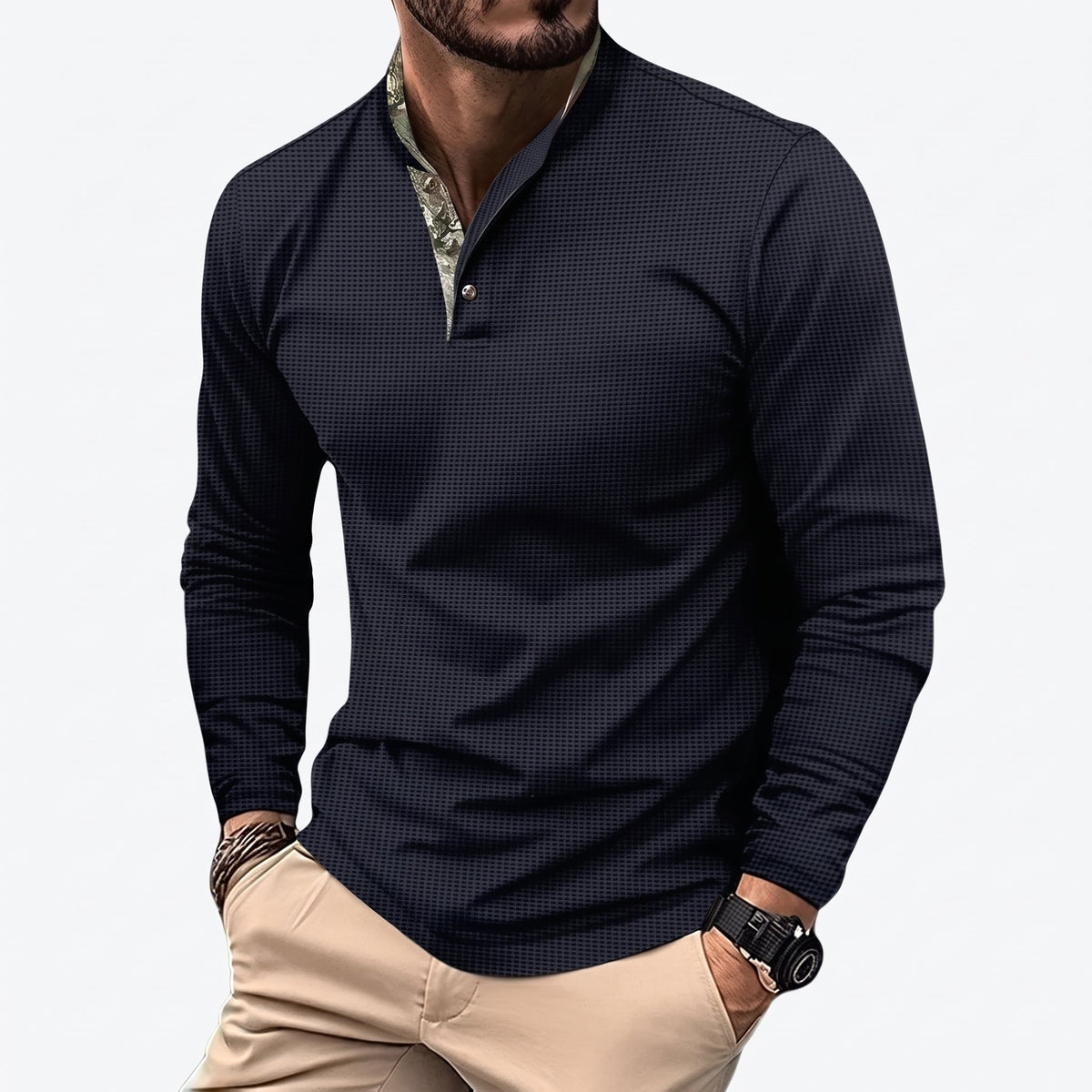 James - Men's Long Sleeve Henley Polo Shirt with Contrast Placket - Polos - Navy Blue - Parker&Brooks